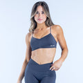 Vision sports bra in dark navy, thin straps and front logo