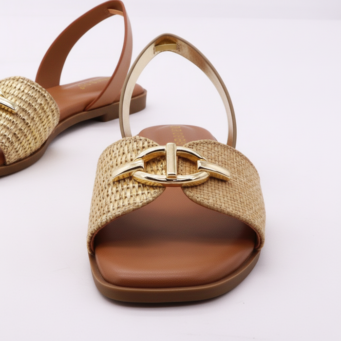 Slide – Raffia & Gold Slingback Flat Sandal