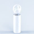 White portable water bottle with flip-top lid and drinking straw