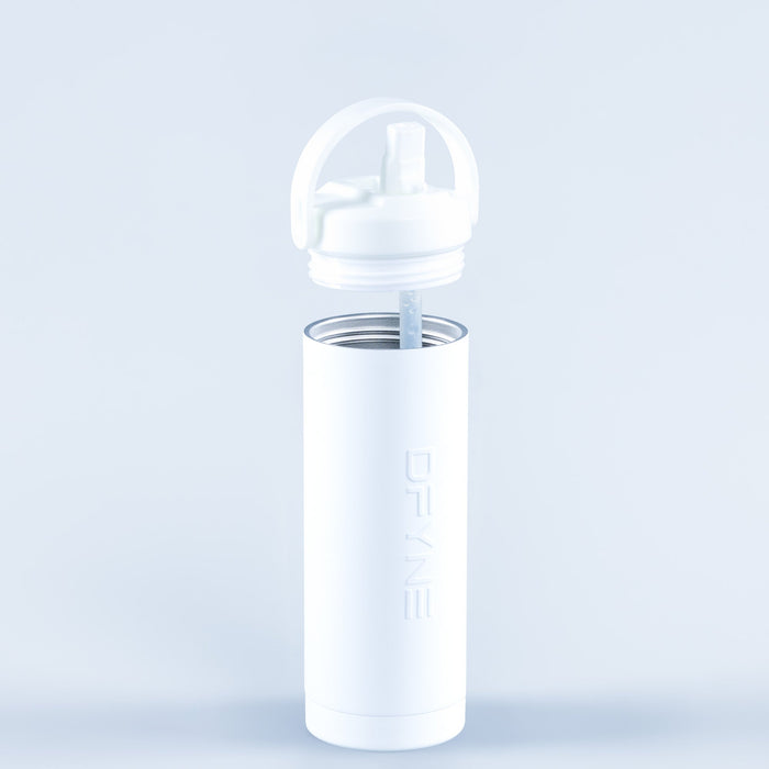 White portable water bottle with flip-top lid and drinking straw