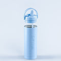 Light blue water bottle with flip-up lid and drinking spout