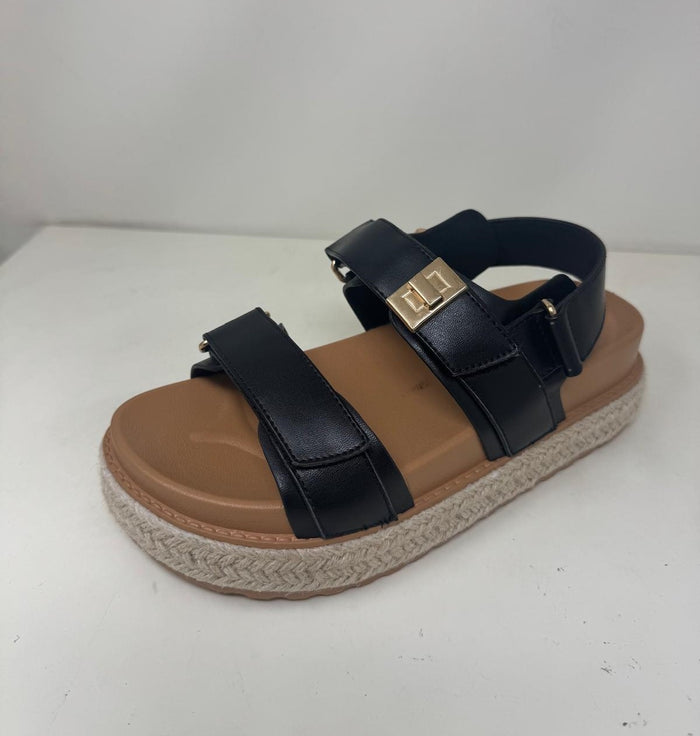 Dora Black Platform Espadrille Sandals — Women's Double-Strap Gold Hardware Sandals