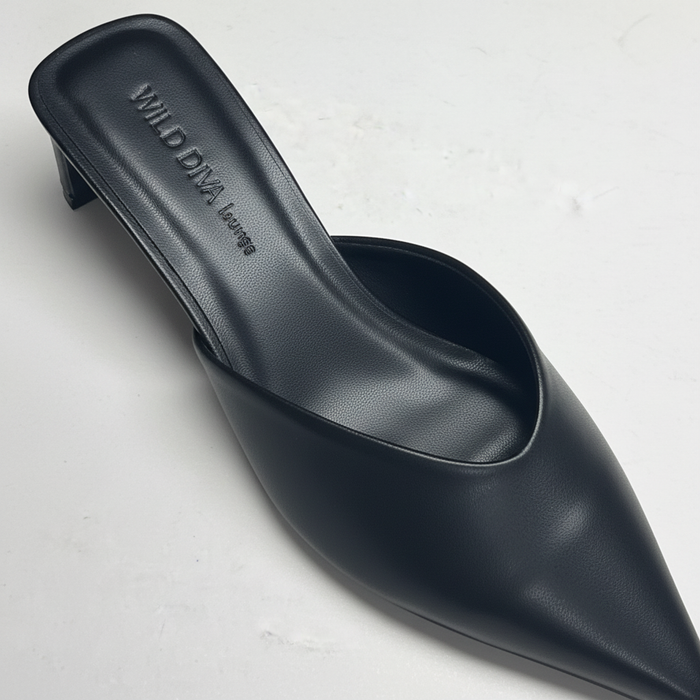 Willy Black Kitten Heel Mules — Women's Pointed-Toe Slip-On Mule Shoes
