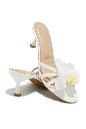 Women's Angie White Rosette Floral Kitten Heel Mules - Peep Toe Sandals