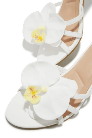 Women's Angie White Rosette Floral Kitten Heel Mules - Peep Toe Sandals