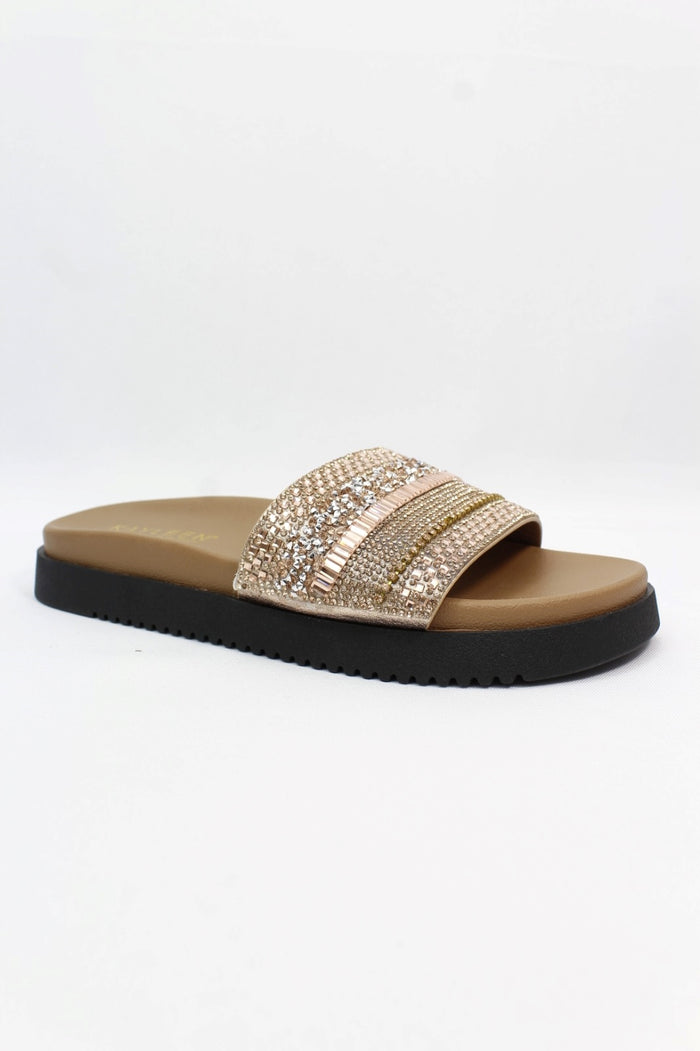 Women's Barney Rose Gold Rhinestone Slide Sandals – Crystal Embellished Wide Band | DDK Barney