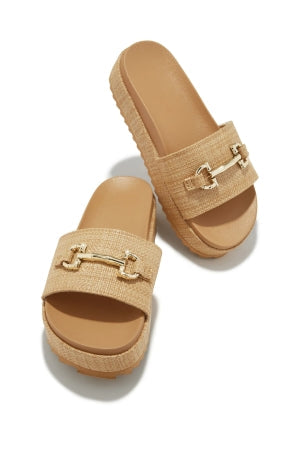 Women's Beige Tracy Chunky Platform Slip-On Mule Slides - Open Round Toe