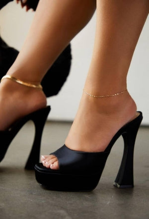 Black Elaina Platform Slip-On Mules - Open Toe Flaring Block Heel