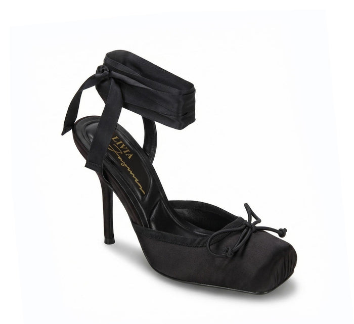 Women's Black Satin Alondra Bow Lace-Up Stiletto Heels - Square Toe Ankle Wrap Mary Jane