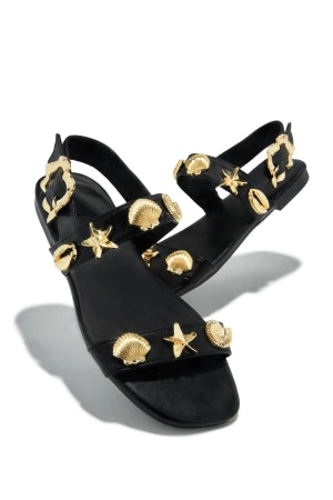 Women's Black Shelley Sea Shell & Starfish Flat Sandals - Adjustable Strap Beach Sandals