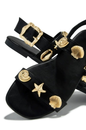 Women's Black Shelley Sea Shell & Starfish Flat Sandals - Adjustable Strap Beach Sandals