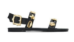 Women's Black Shelley Sea Shell & Starfish Flat Sandals - Adjustable Strap Beach Sandals