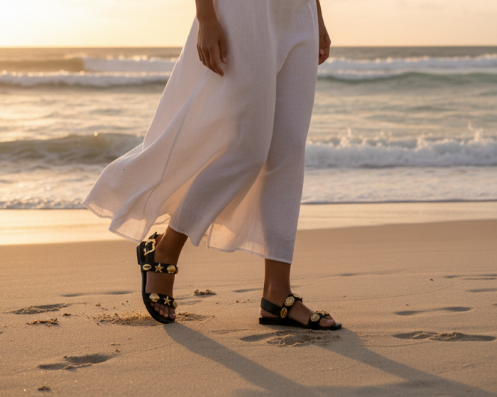 Women's Black Shelley Sea Shell & Starfish Flat Sandals - Adjustable Strap Beach Sandals