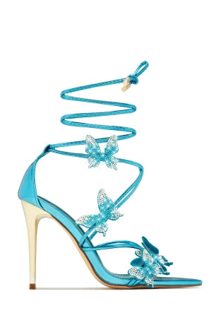 Women's Blue Ronni Butterfly Detail Lace-Up Stiletto Heels - Pointy Peep Toe
