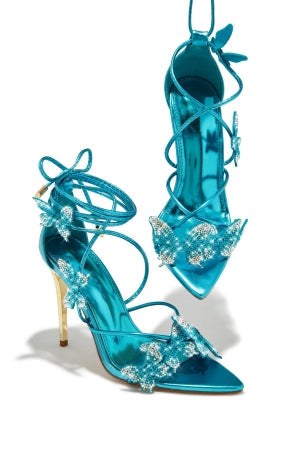Women's Blue Ronni Butterfly Detail Lace-Up Stiletto Heels - Pointy Peep Toe