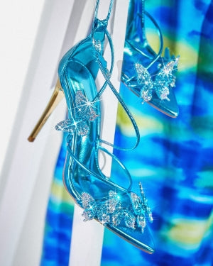 Women's Blue Ronni Butterfly Detail Lace-Up Stiletto Heels - Pointy Peep Toe