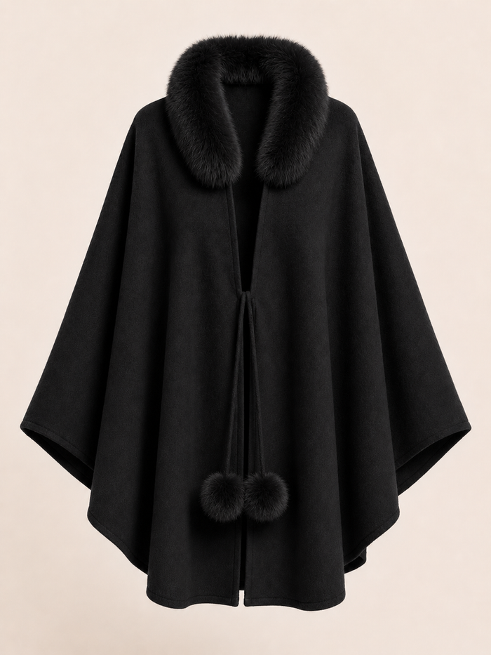 Women's Cashmere Cape with Fox Fur - Black
