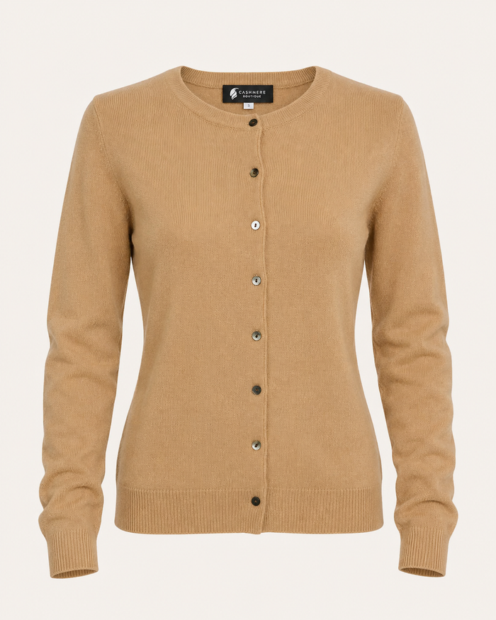 Women's Cashmere Round Neck Cardigan - camel