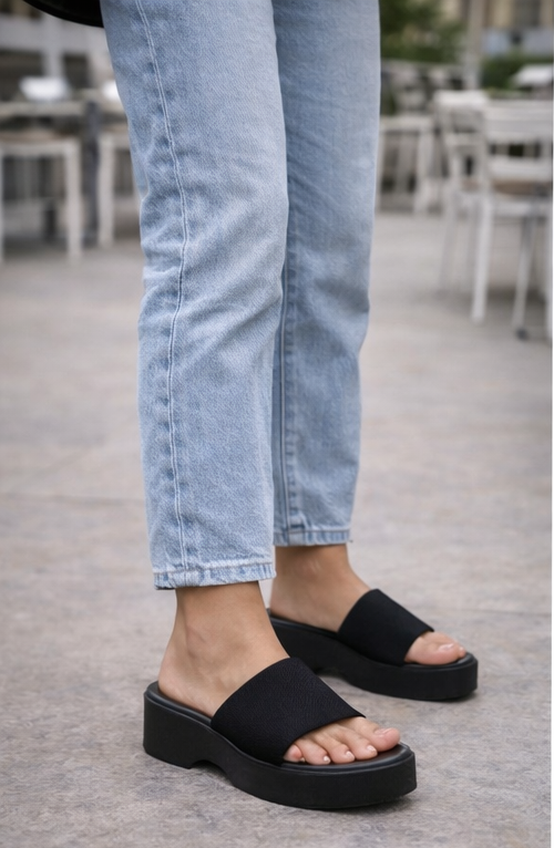 Wide Band Mule Wedge Slide Sandals