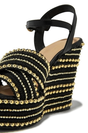 Women's Crystal Embellished Platform Wedge Sandals – Bamboo Chosen Black Peep Toe Ankle Strap Heels