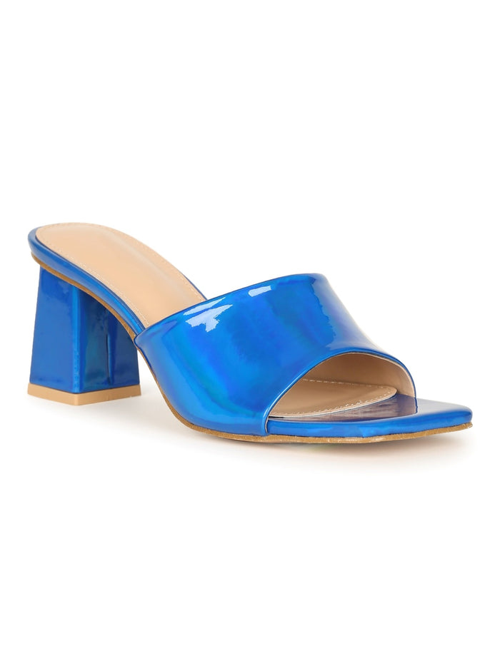 Women's Cyrillia Blue Block Heel Mule Sandals – Metallic Wide Band Slip-On | DDK Cyrillia