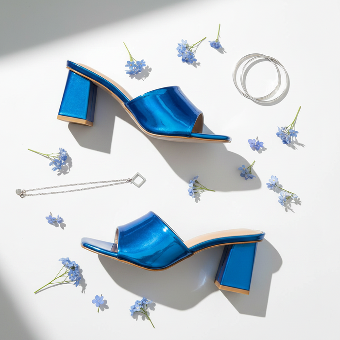 Women's Cyrillia Blue Block Heel Mule Sandals – Metallic Wide Band Slip-On | DDK Cyrillia