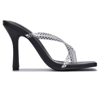 Diamante Studded Square Toe Slip-on Stiletto Heel-Black