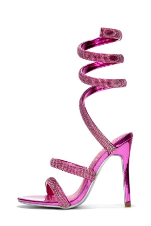 Dyana Pink Rhinestone Wraparound Strappy Stiletto Heels - Round Toe Sandals