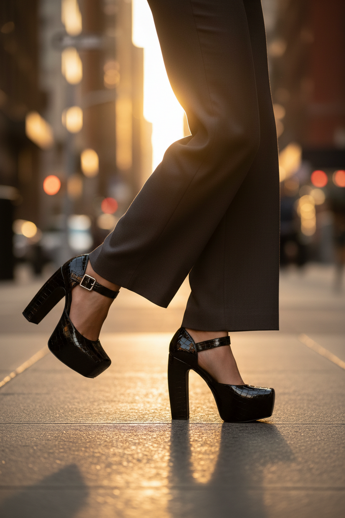 Women's Eiffel Black Chunky Platform Block Heel Sandals - Square Toe