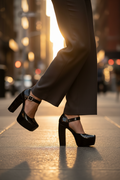 Women's Eiffel Black Chunky Platform Block Heel Sandals - Square Toe