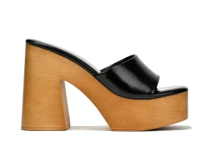 Women's Enisle Black Cork Platform Mule Heels - Metallic Square Toe Block Heel