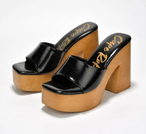 Women's Enisle Black Cork Platform Mule Heels - Metallic Square Toe Block Heel
