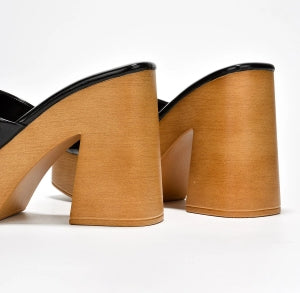 Women's Enisle Black Cork Platform Mule Heels - Metallic Square Toe Block Heel