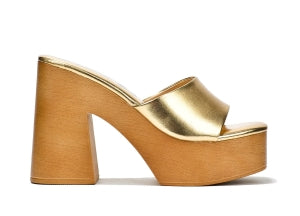 Women's Enisle Gold Cork Platform Mule Heels - Metallic Square Toe Block Heel