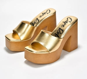 Women's Enisle Gold Cork Platform Mule Heels - Metallic Square Toe Block Heel