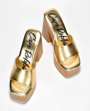 Women's Enisle Gold Cork Platform Mule Heels - Metallic Square Toe Block Heel
