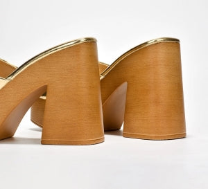 Women's Enisle Gold Cork Platform Mule Heels - Metallic Square Toe Block Heel