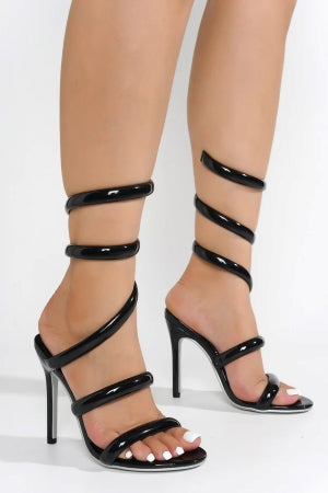 Women's Faydra Black Ankle Wrap-Around Stiletto Heels - Open Round Toe Sandals