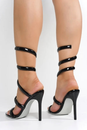 Women's Faydra Black Ankle Wrap-Around Stiletto Heels - Open Round Toe Sandals