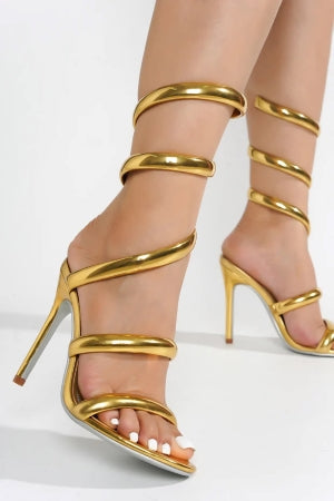 Gold Ankle Wrap-Around Stiletto Heels - Open Round Toe Sandals