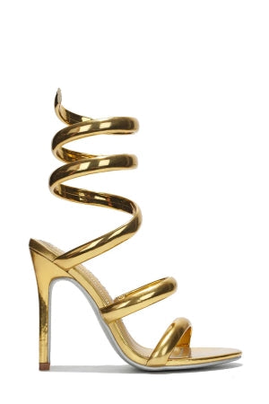 Women's Faydra Gold Ankle Wrap-Around Stiletto Heels - Open Round Toe Sandals