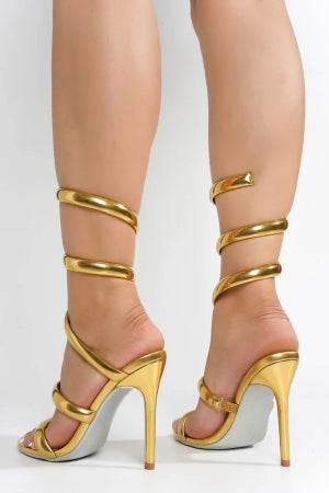 Women's Faydra Gold Ankle Wrap-Around Stiletto Heels - Open Round Toe Sandals