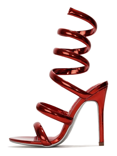 Women's Faydra Red Ankle Wrap-Around Stiletto Heels - Open Round Toe Sandals