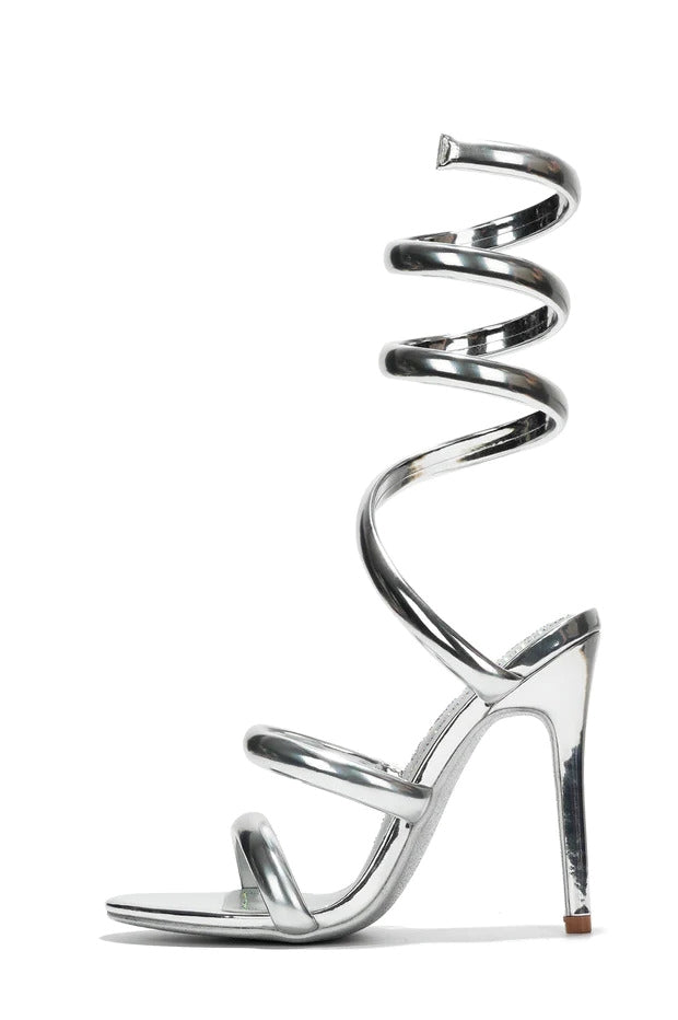 Women's Faydra Silver Ankle Wrap-Around Stiletto Heels - Open Round Toe Sandals