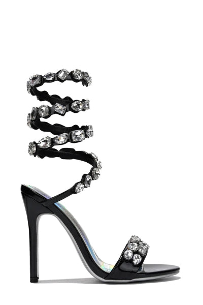 Women's Helia Black Gem Embellished Ankle Wrap-Around Stiletto Heels - Open Toe Sandals