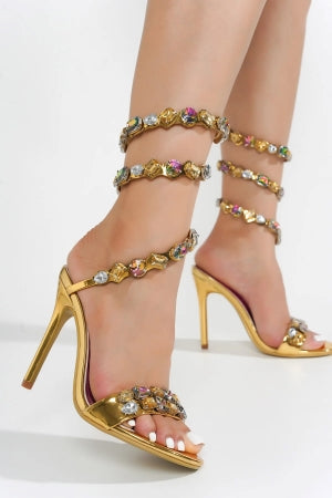 Women's Helia Gold Gem Embellished Ankle Wrap-Around Stiletto Heels – Crystal Evening Party Sandals