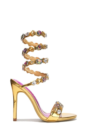 Women's Helia Gold Gem Embellished Ankle Wrap-Around Stiletto Heels – Crystal Evening Party Sandals