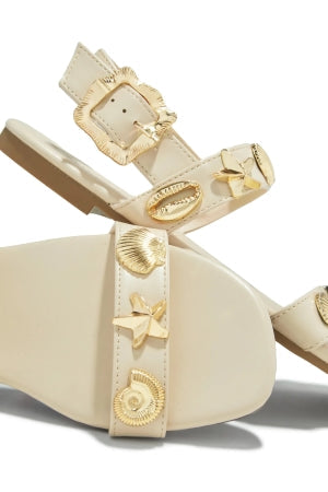 Women's Ivory Shelley Sea Shell & Starfish Flat Sandals - Adjustable Strap Beach Sandals