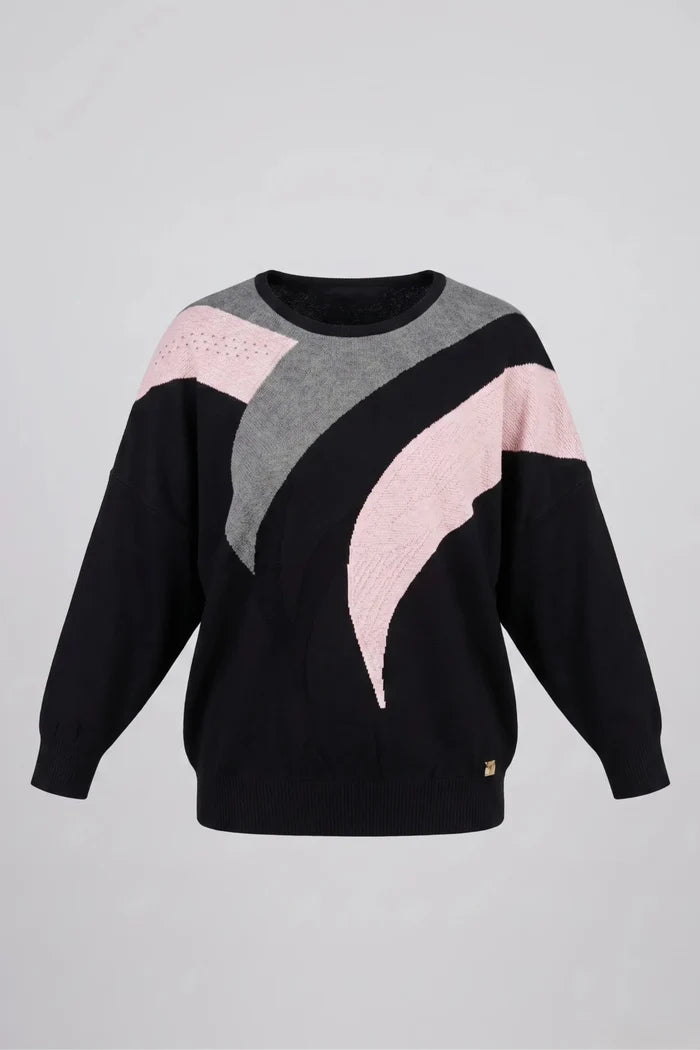 Дамска плетена блуза в черен цвят с розови детайли Roberto&Co Roberto Fashion Store Sweater FLC2307KNIBLSBLK-42/44 42/44