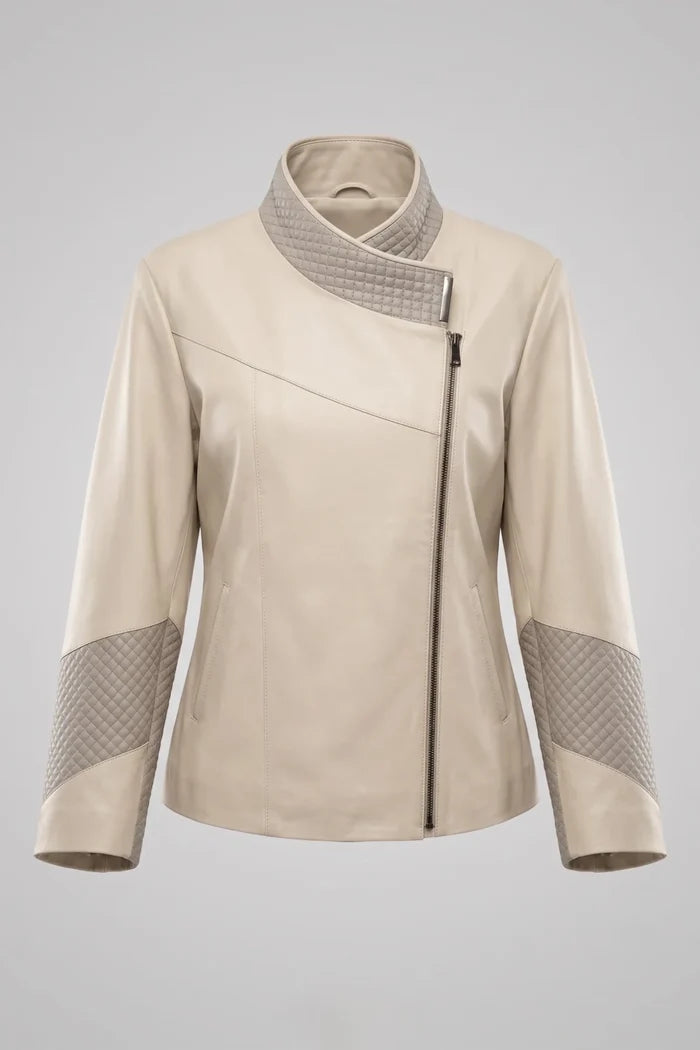 Дамско кожено яке Magnolia, бежово, с асиметрично закопчаване с цип Roberto&Co Roberto Fashion Store Jacket LEA0103JCKBEIASM-XS XS
